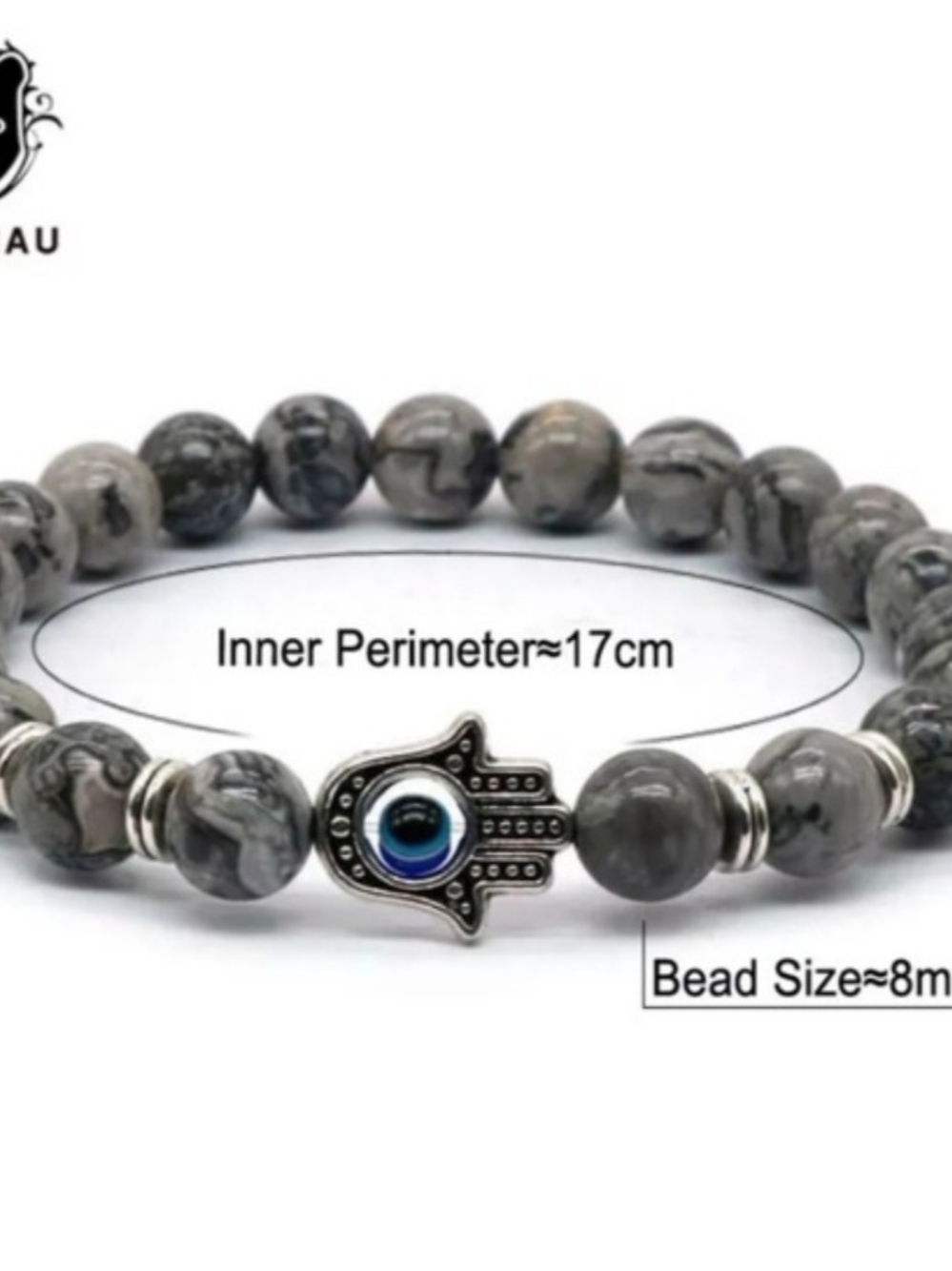 Hamsa Evil Eye Beaded Stretch Bracelet - Gray Marble Beads